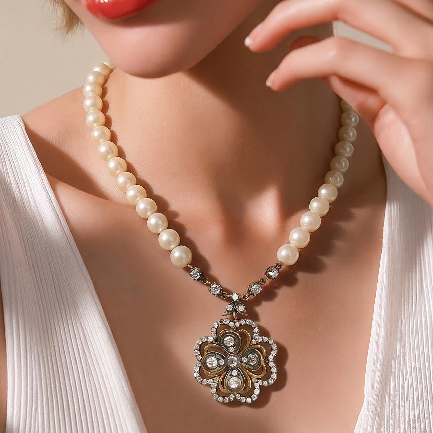 Elmas Monturlu Hakiki İnci Gümüş Kolye