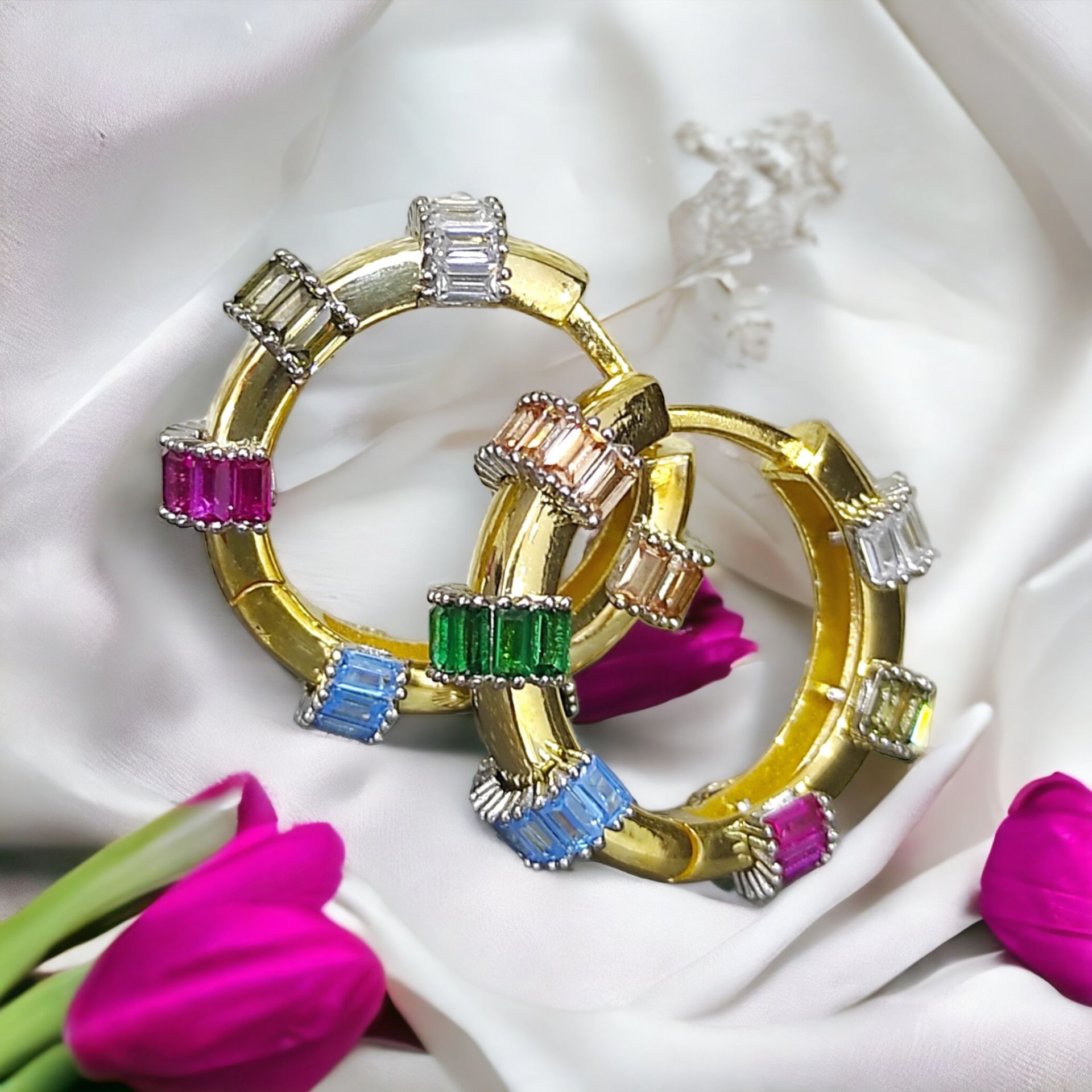 Bagety Taşlı, Altın Kaplamalı Gümüş Halka Küpe