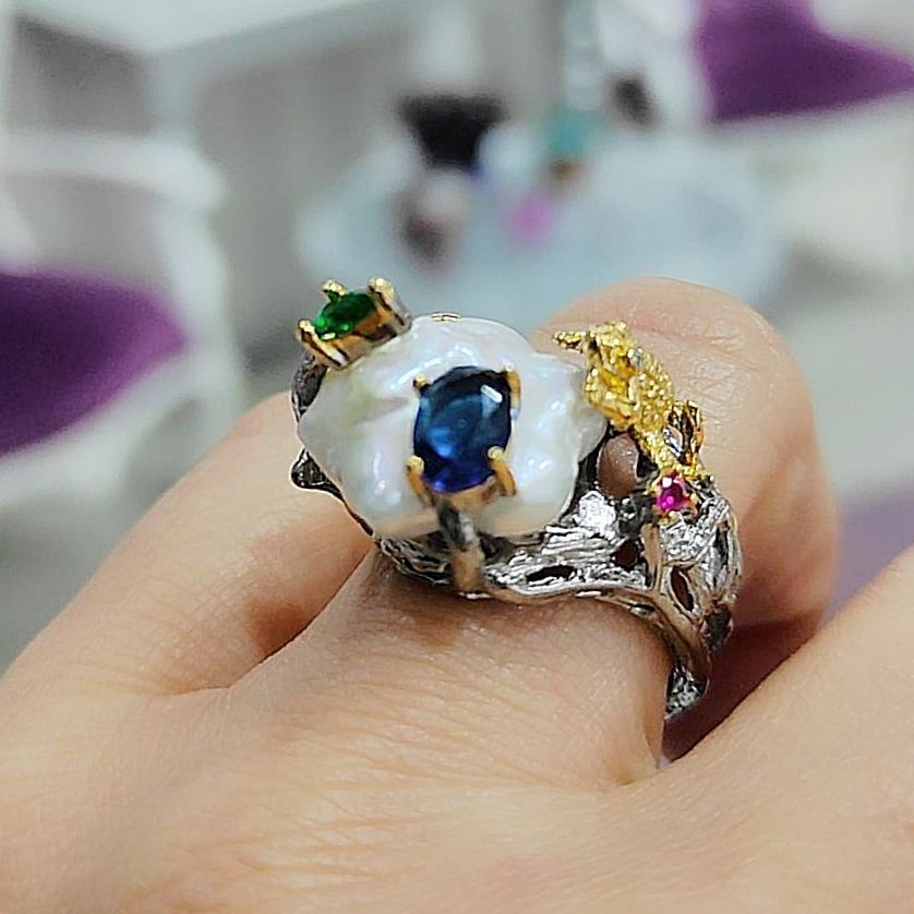Barok İnci,Safir, Yakut, Zümrüt Taşlı Tek Tasarım Gümüş Yüzük