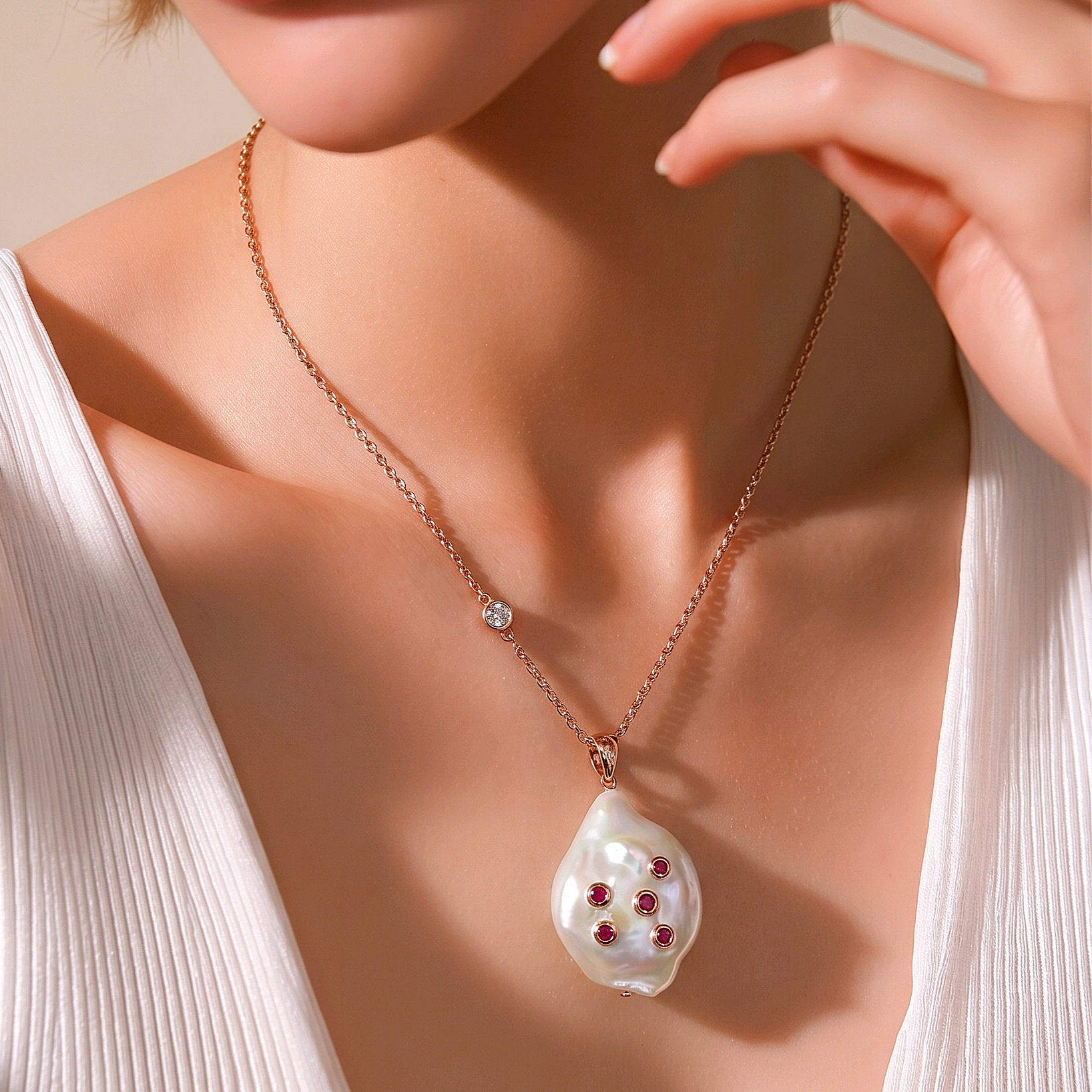 Barok İnci,Yakut Taşlı RoseTek Tasarım Gümüş Kolye