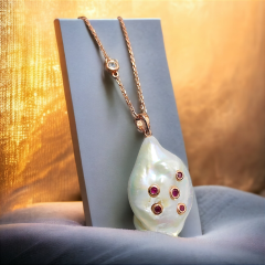 Barok İnci,Yakut Taşlı RoseTek Tasarım Gümüş Kolye