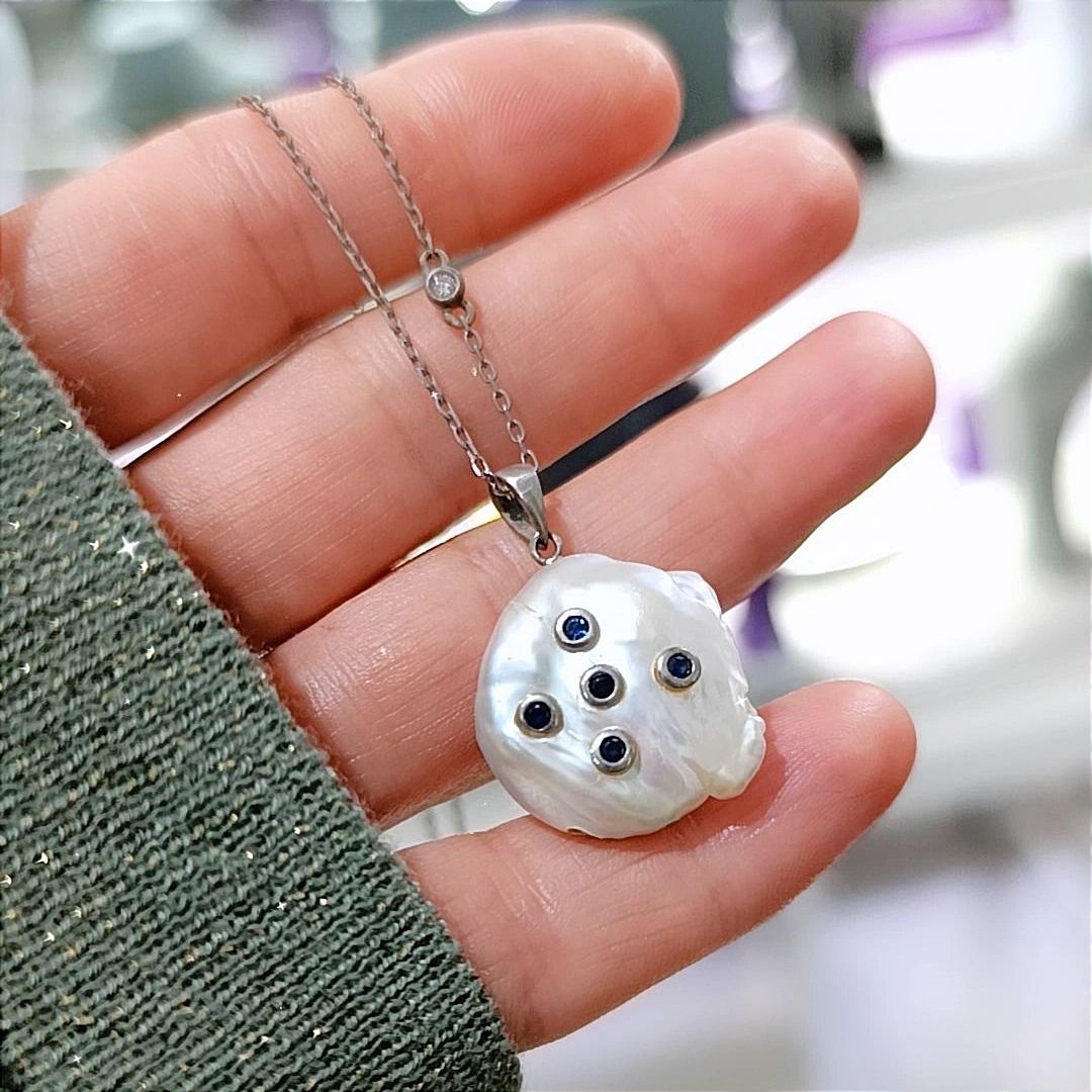 Barok İnci,Safir Taşlı Gümüş İthal Kolye