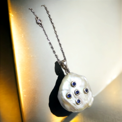 Barok İnci,Safir Taşlı Gümüş İthal Kolye