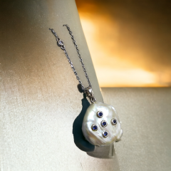 Barok İnci,Safir Taşlı Gümüş İthal Kolye