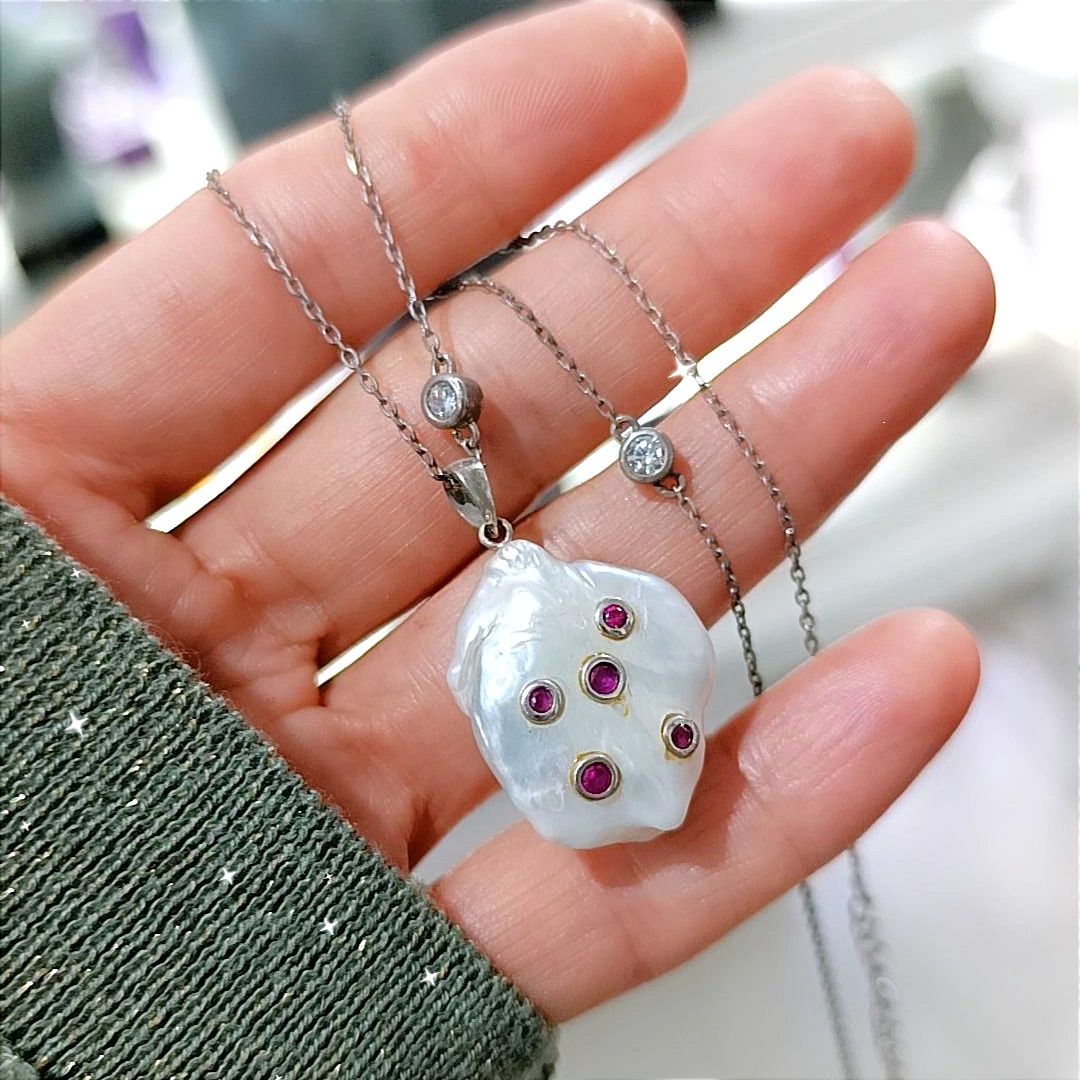 Barok İnci,Yakut Taşlı İthal Gümüş Kolye