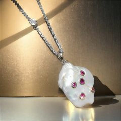 Barok İnci,Yakut Taşlı İthal Gümüş Kolye