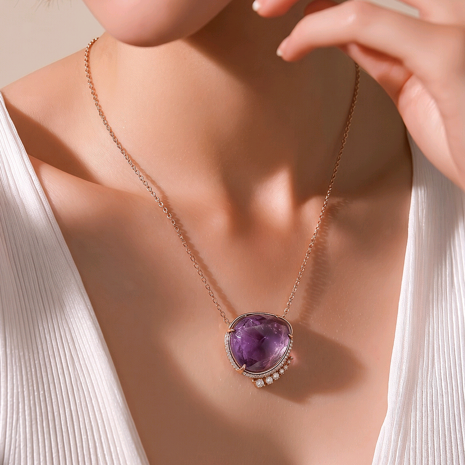 Ametist Taşlı Rose Altın Kaplamalı Tek Tasarım Gümüş Kolye