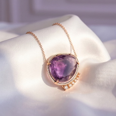 Ametist Taşlı Rose Altın Kaplamalı Tek Tasarım Gümüş Kolye