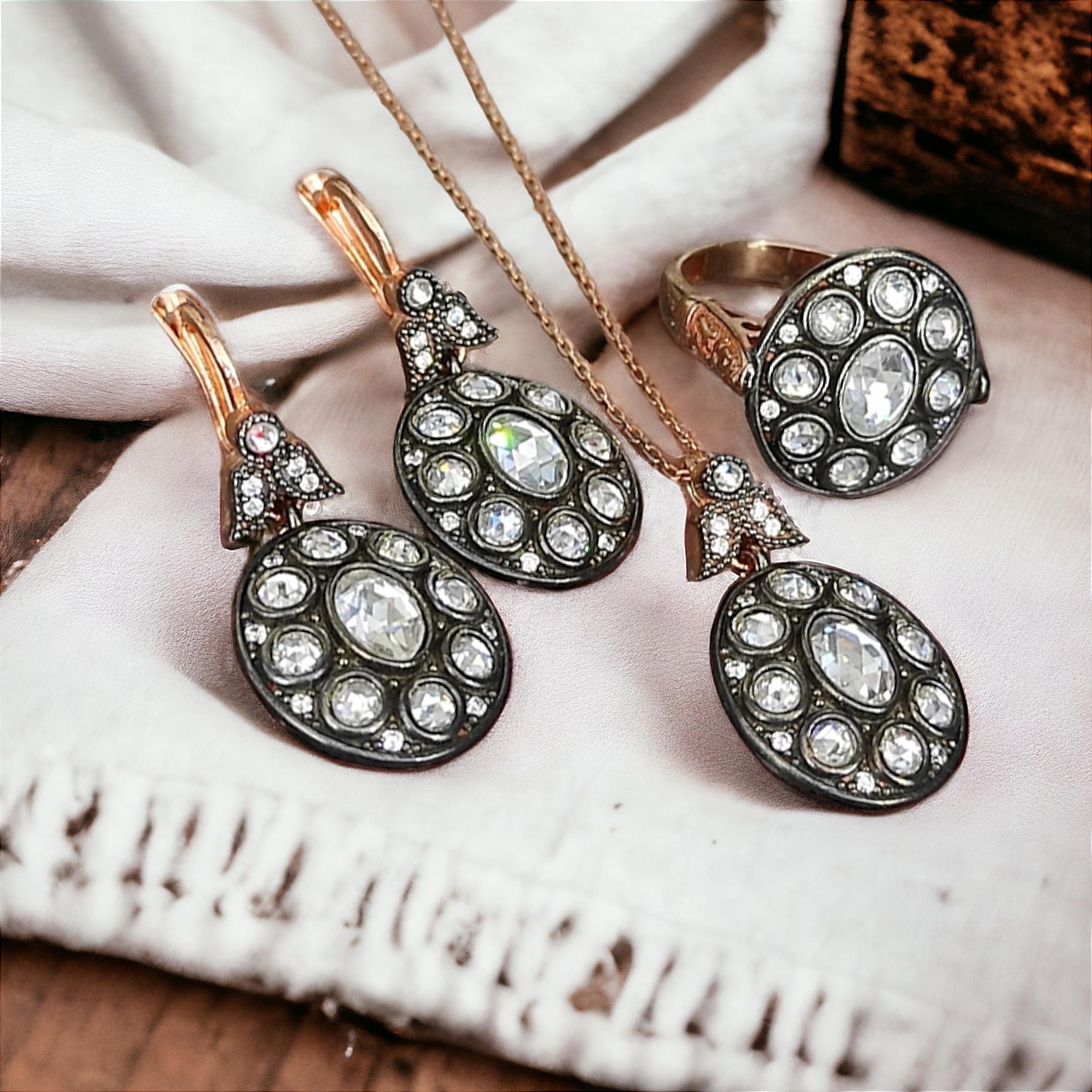 Elmas Monturlu, Altın Kaplamalı Rose Gümüş Set