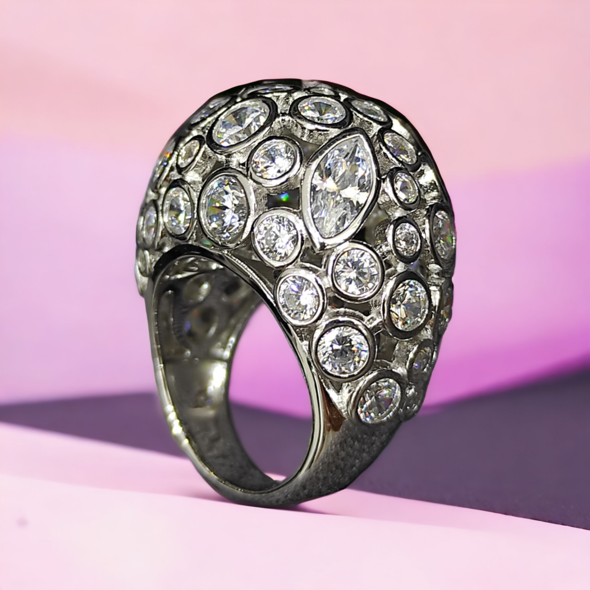 Swarovski Taşlı, Altın Kaplamalı,ithal Gümüş Yüzük