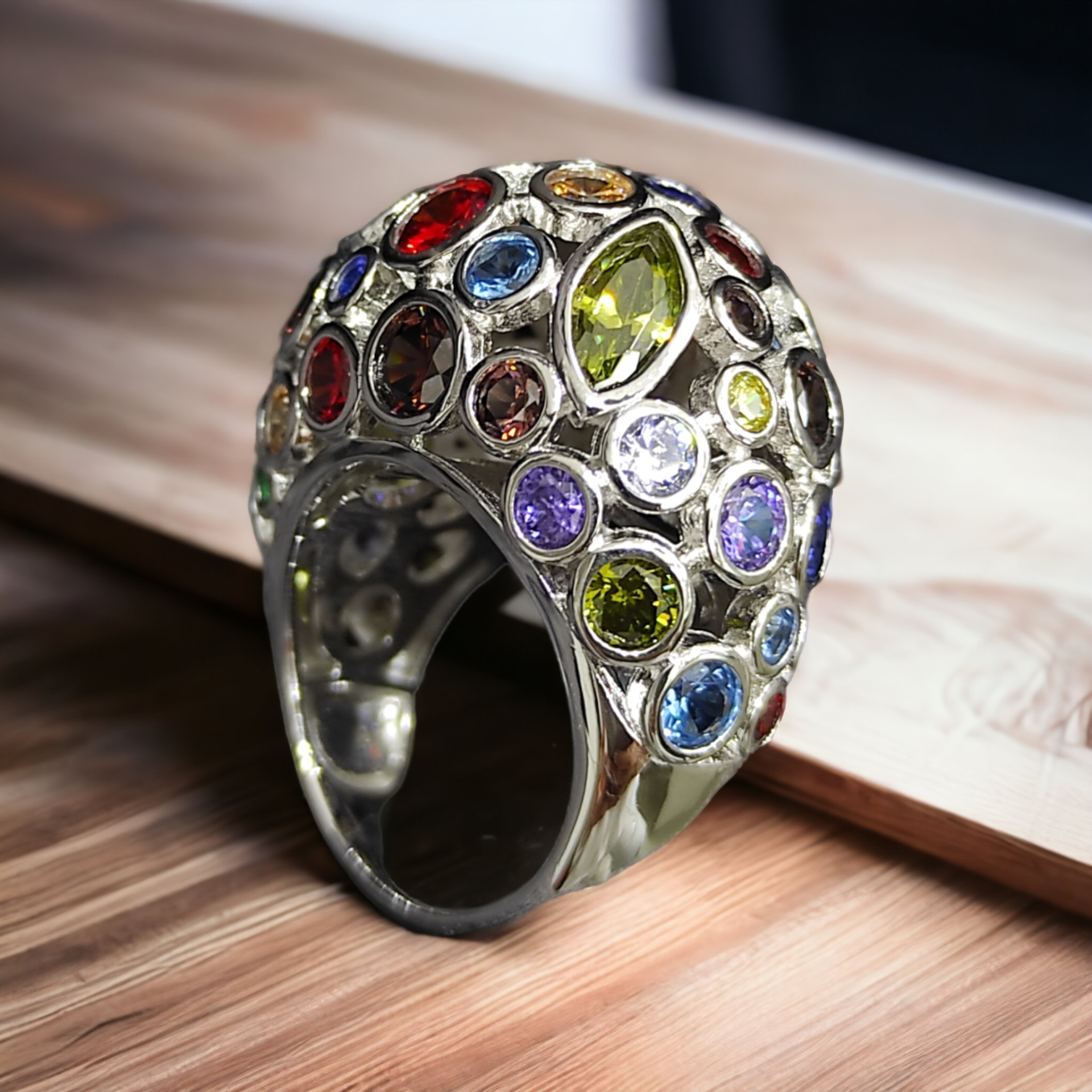 Swarovski Taşlı, Altın Kaplamalı,Renkli Gümüş Yüzük