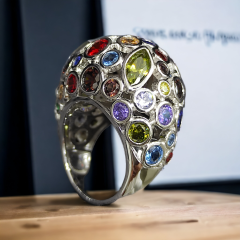 Swarovski Taşlı, Altın Kaplamalı,Renkli Gümüş Yüzük