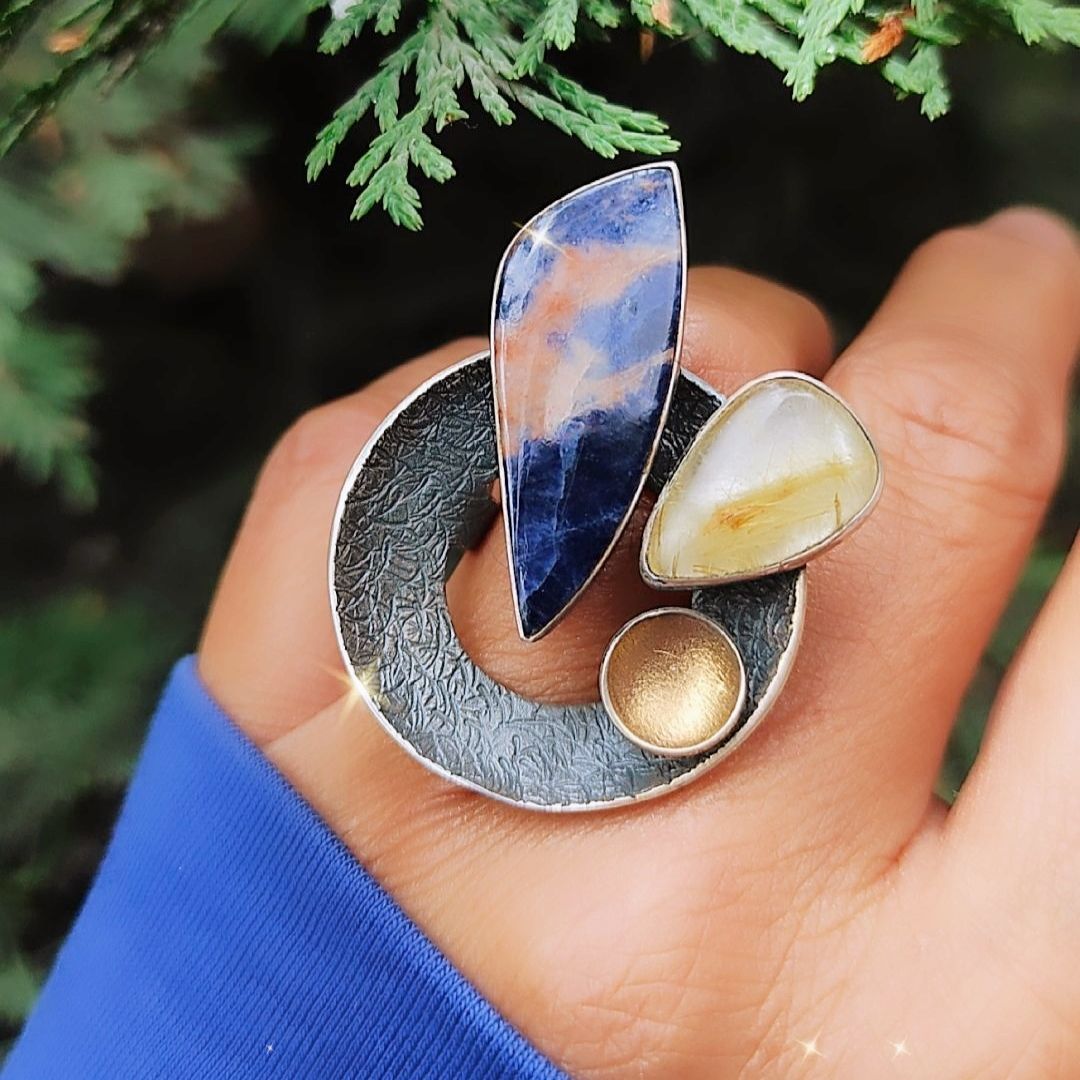 Lapis,Sitrin Taşlı Tek Tasarım Gümüş Yüzük